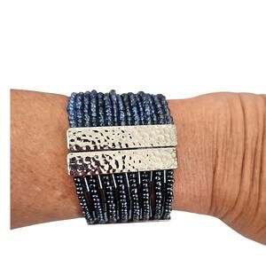 Hand Crafted Silvertone Hammered Metal And Navy Blue Beaded Magnetic Bracelet